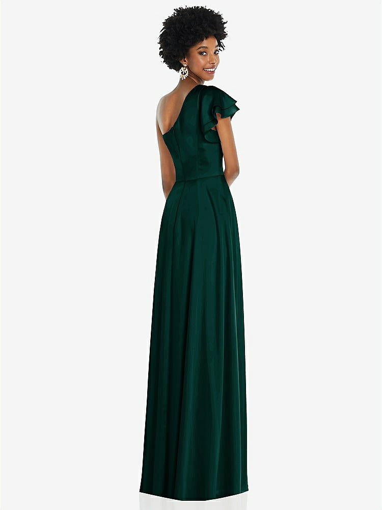 【NEW】【STYLE: 3099】ドレープ ワンショルダー フラッター 袖 マキシ ドレス 前面 スリット【COLOR: Evergreen】【SIZE: 00-30W】