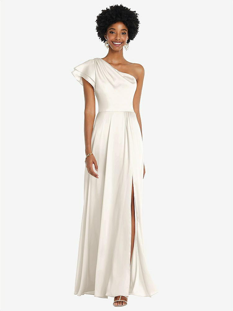 【STYLE: 3099】Draped One-Shoulder Flutter Sleeve Maxi Dress with Front Slit【COLOR: Ivory】