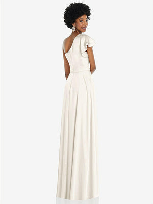 【STYLE: 3099】Draped One-Shoulder Flutter Sleeve Maxi Dress with Front Slit【COLOR: Ivory】