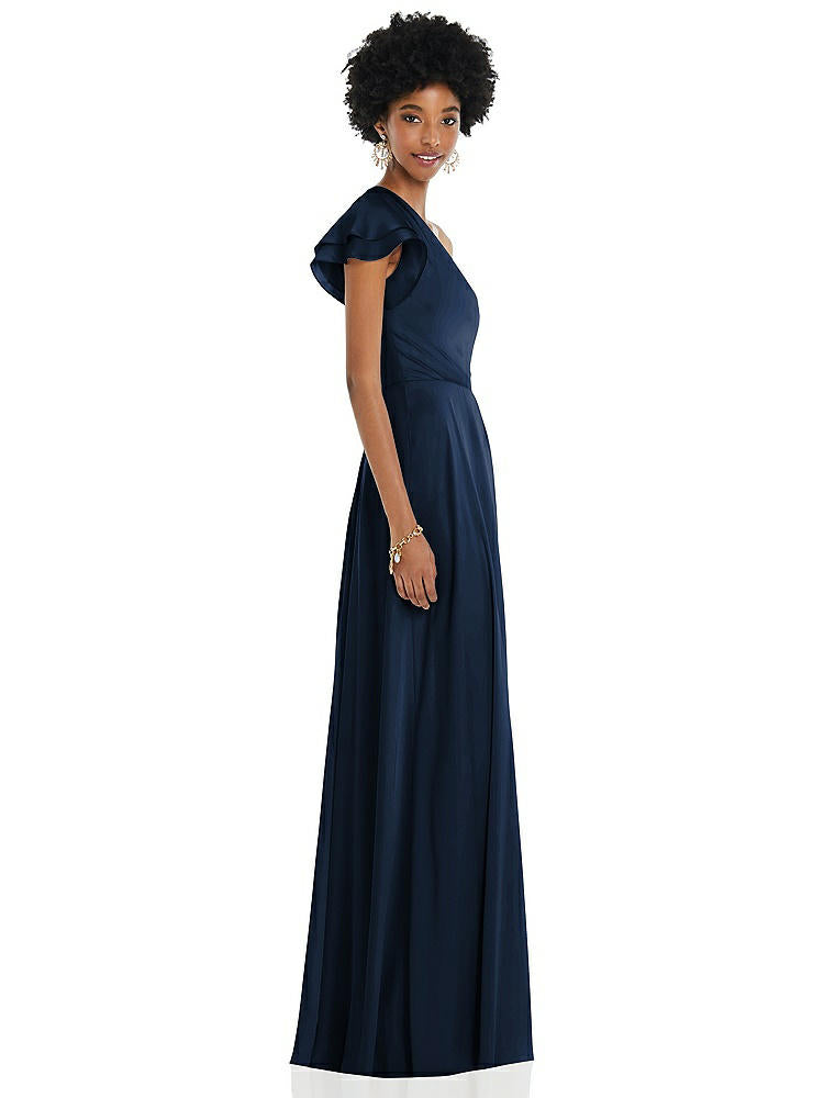 【NEW】【STYLE: 3099】ドレープ ワンショルダー フラッター 袖 マキシ ドレス 前面 スリット【COLOR: Midnight Navy】【SIZE: 00-30W】