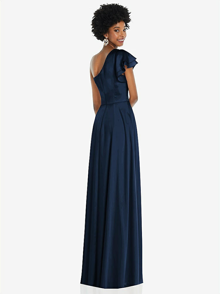【NEW】【STYLE: 3099】ドレープ ワンショルダー フラッター 袖 マキシ ドレス 前面 スリット【COLOR: Midnight Navy】【SIZE: 00-30W】