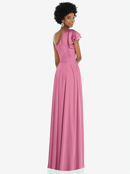 【NEW】【STYLE: 3099】ドレープ ワンショルダー フラッター 袖 マキシ ドレス 前面 スリット【COLOR: Orchid Pink】【SIZE: 00-30W】