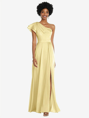 【STYLE: 3099】Draped One-Shoulder Flutter Sleeve Maxi Dress with Front Slit【COLOR: Pale Yellow】