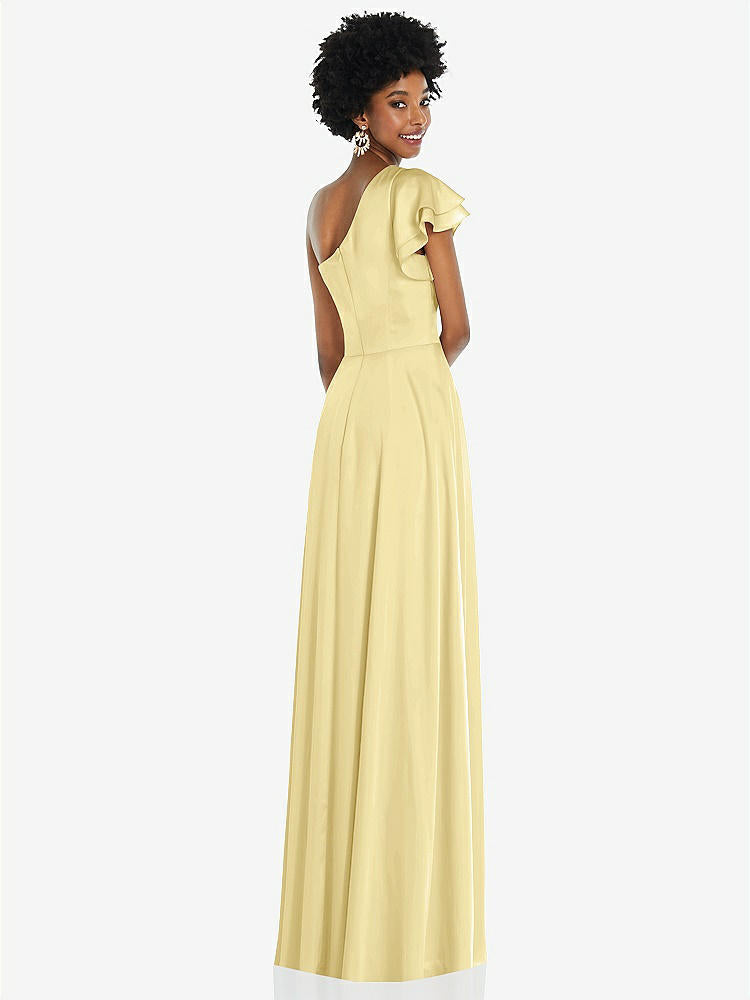 【NEW】【STYLE: 3099】ドレープ ワンショルダー フラッター 袖 マキシ ドレス 前面 スリット【COLOR: Pale Yellow】【SIZE: 00-30W】