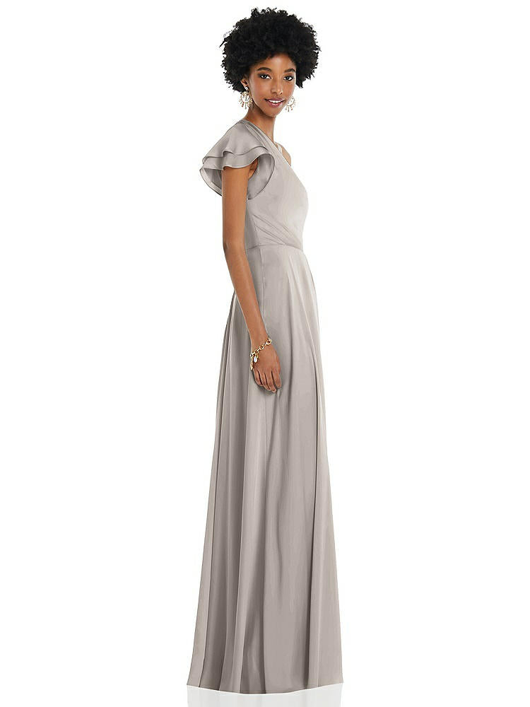 【NEW】【STYLE: 3099】ドレープ ワンショルダー フラッター 袖 マキシ ドレス 前面 スリット【COLOR: Taupe】【SIZE: 00-30W】