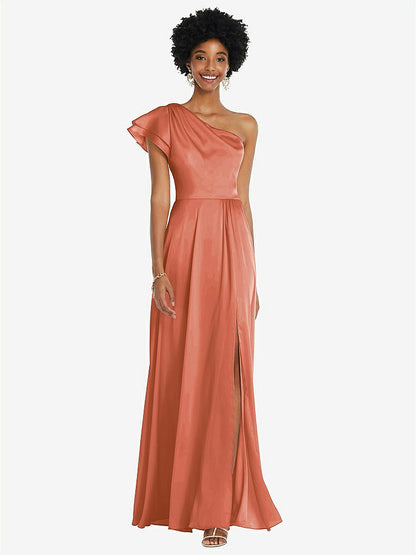 【STYLE: 3099】Draped One-Shoulder Flutter Sleeve Maxi Dress with Front Slit【COLOR: Terracotta Copper】