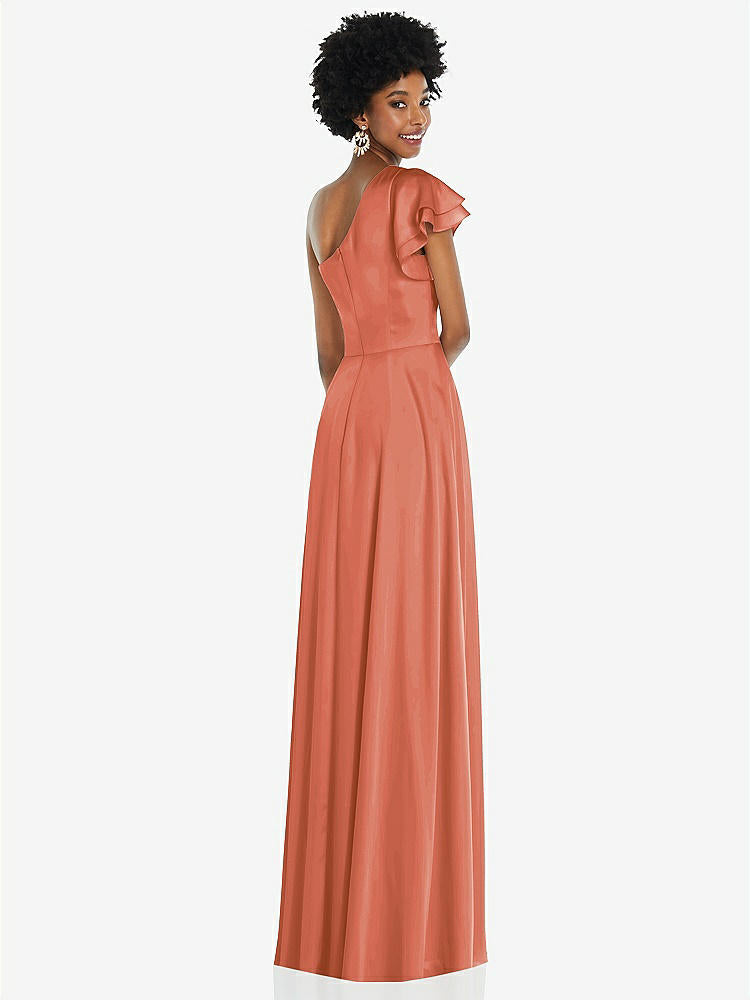 【STYLE: 3099】Draped One-Shoulder Flutter Sleeve Maxi Dress with Front Slit【COLOR: Terracotta Copper】