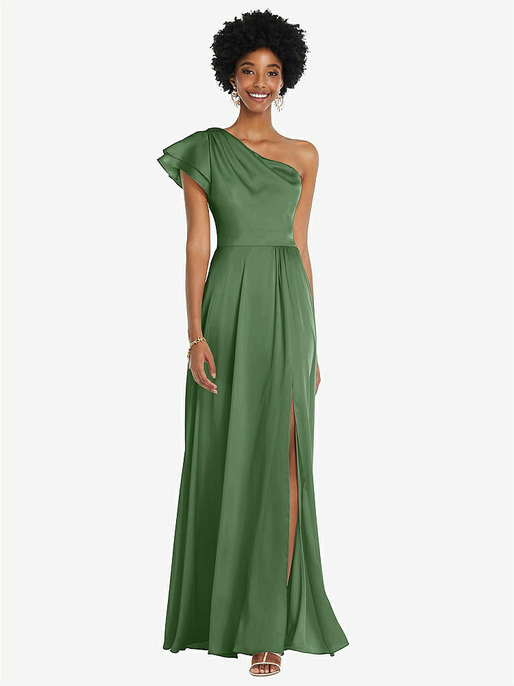【NEW】【STYLE: 3099】ドレープ ワンショルダー フラッター 袖 マキシ ドレス 前面 スリット【COLOR: Vineyard Green】【SIZE: 00-30W】