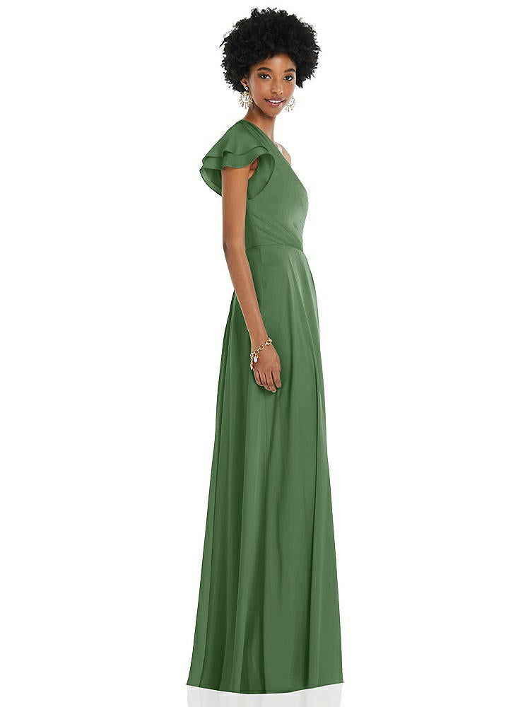 【NEW】【STYLE: 3099】ドレープ ワンショルダー フラッター 袖 マキシ ドレス 前面 スリット【COLOR: Vineyard Green】【SIZE: 00-30W】