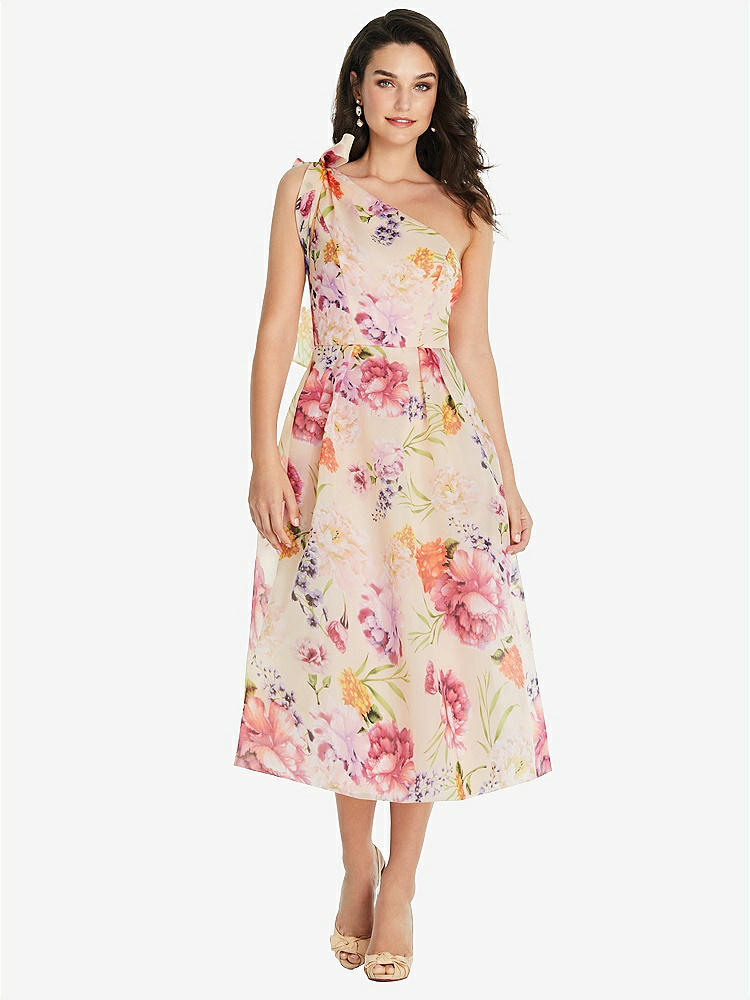 【NEW】【STYLE: D835FP】スカーフタイ ワンショーダー ピンク 花 オルガンディ MIDI ドレス 【COLOR: Penelope Floral Print】【SIZE: 00-30W】