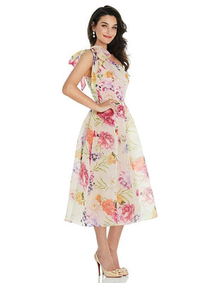 【NEW】【STYLE: D835FP】スカーフタイ ワンショーダー ピンク 花 オルガンディ MIDI ドレス 【COLOR: Penelope Floral Print】【SIZE: 00-30W】