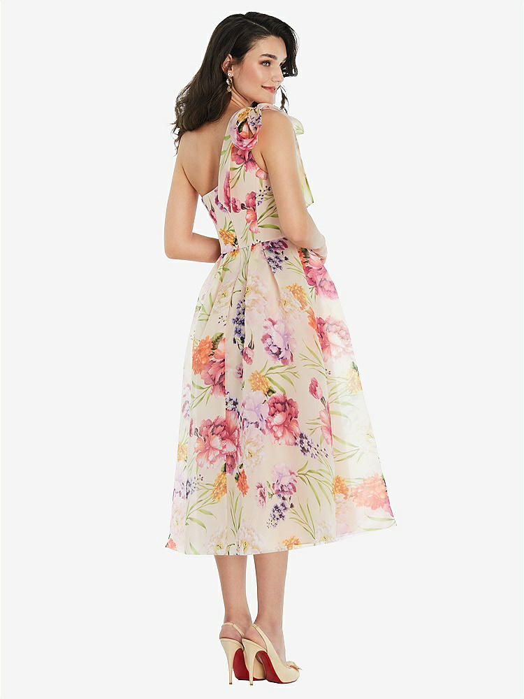 【STYLE: D835FP】Scarf-Tie One-Shoulder Pink Floral Organdy Midi Dress 【COLOR: Penelope Floral Print】