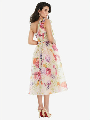 【NEW】【STYLE: D835FP】スカーフタイ ワンショーダー ピンク 花 オルガンディ MIDI ドレス 【COLOR: Penelope Floral Print】【SIZE: 00-30W】