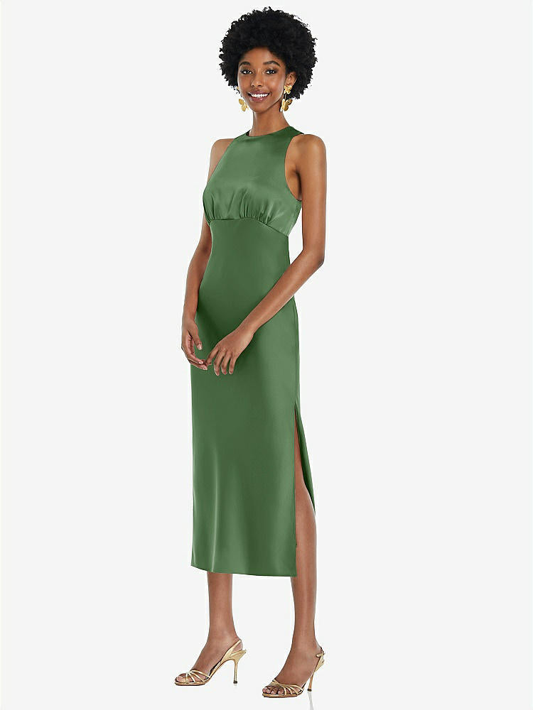 【STYLE: LB042】Jewel Neck Sleeveless Midi Dress with Bias Skirt【COLOR: Vineyard Green】