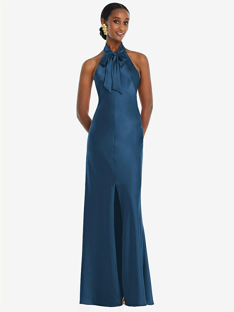 【STYLE: LB039】Scarf Tie Stand Collar Maxi Dress with Front Slit【COLOR: Dusk Blue】