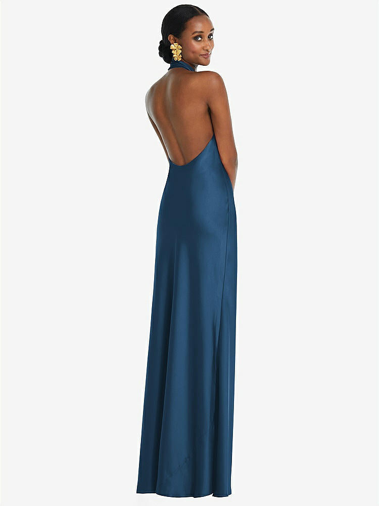 【STYLE: LB039】Scarf Tie Stand Collar Maxi Dress with Front Slit【COLOR: Dusk Blue】