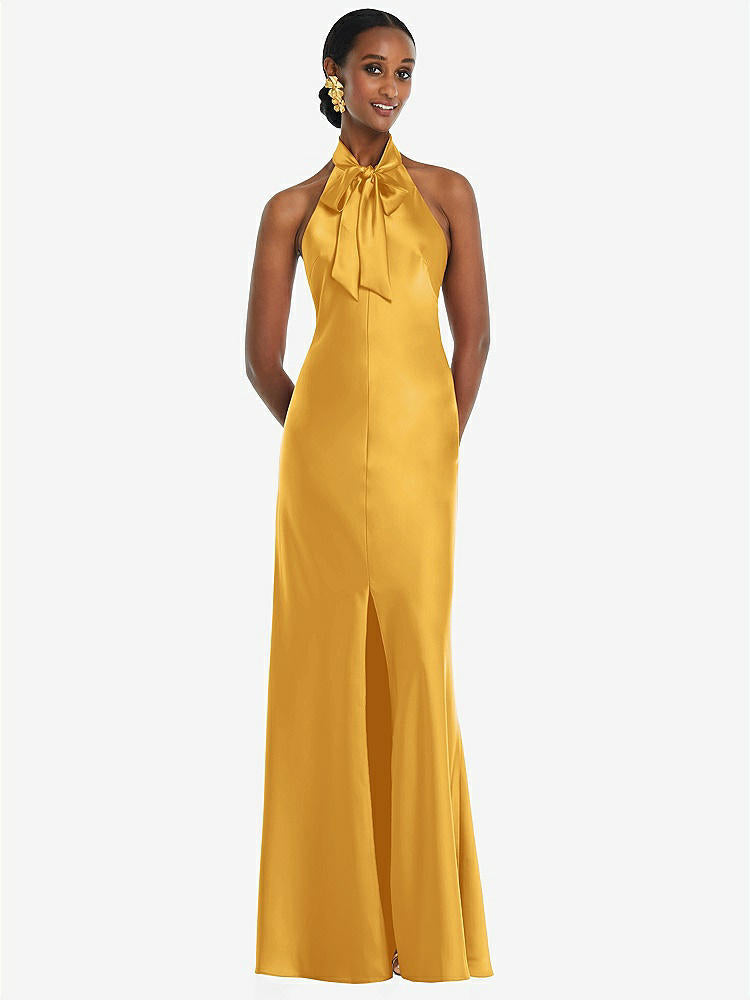 【STYLE: LB039】Scarf Tie Stand Collar Maxi Dress with Front Slit【COLOR: NYC Yellow】