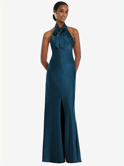 【NEW】【STYLE: LB039】スカーフ ネクタイ スタンド 襟 マキシ ドレス 前面 スリット【COLOR: Atlantic Blue】【SIZE: 00-30W】