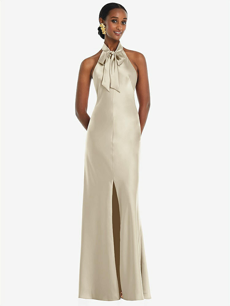 【STYLE: LB039】Scarf Tie Stand Collar Maxi Dress with Front Slit【COLOR: Champagne】