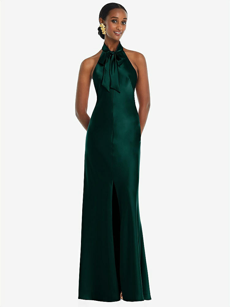 【STYLE: LB039】Scarf Tie Stand Collar Maxi Dress with Front Slit【COLOR: Evergreen】