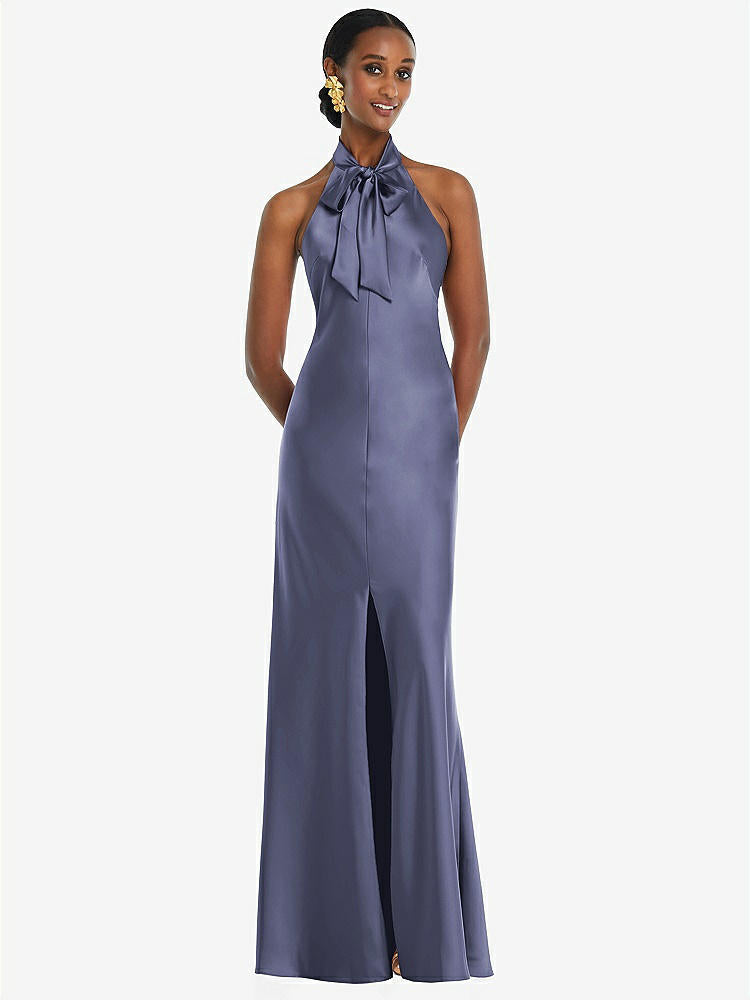 【STYLE: LB039】Scarf Tie Stand Collar Maxi Dress with Front Slit【COLOR: French Blue】