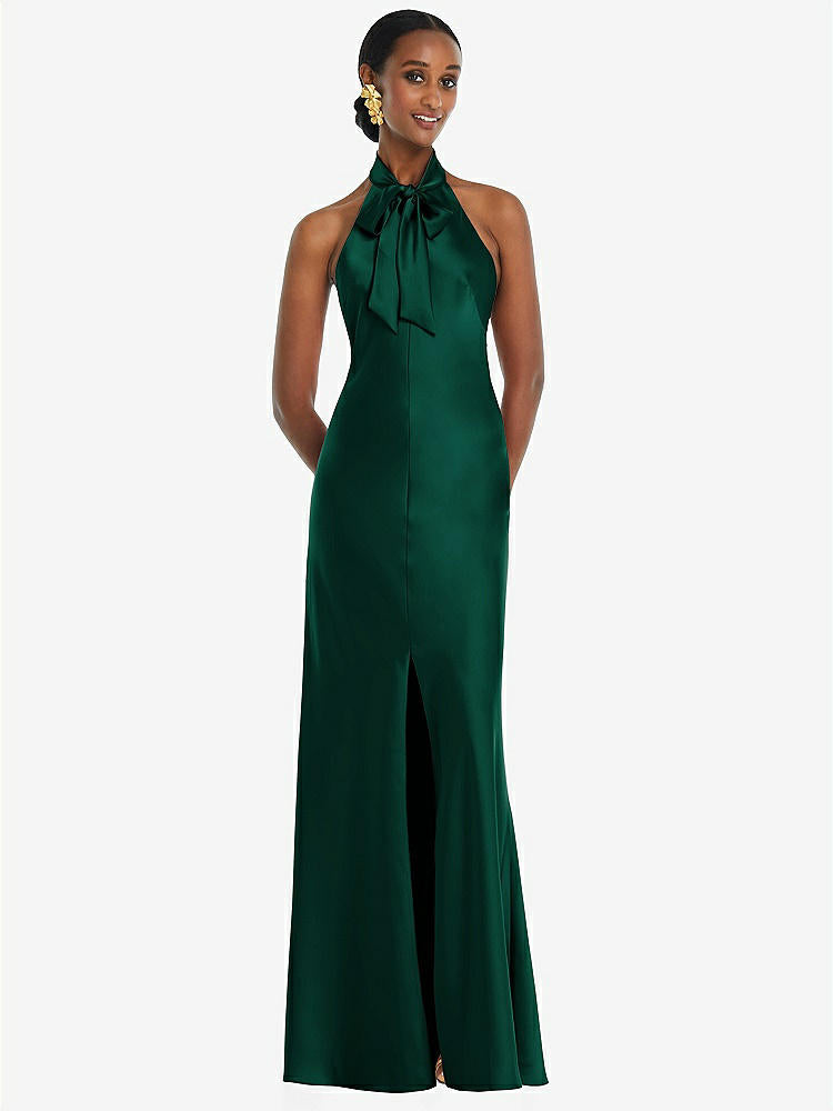【STYLE: LB039】Scarf Tie Stand Collar Maxi Dress with Front Slit【COLOR: Hunter Green】
