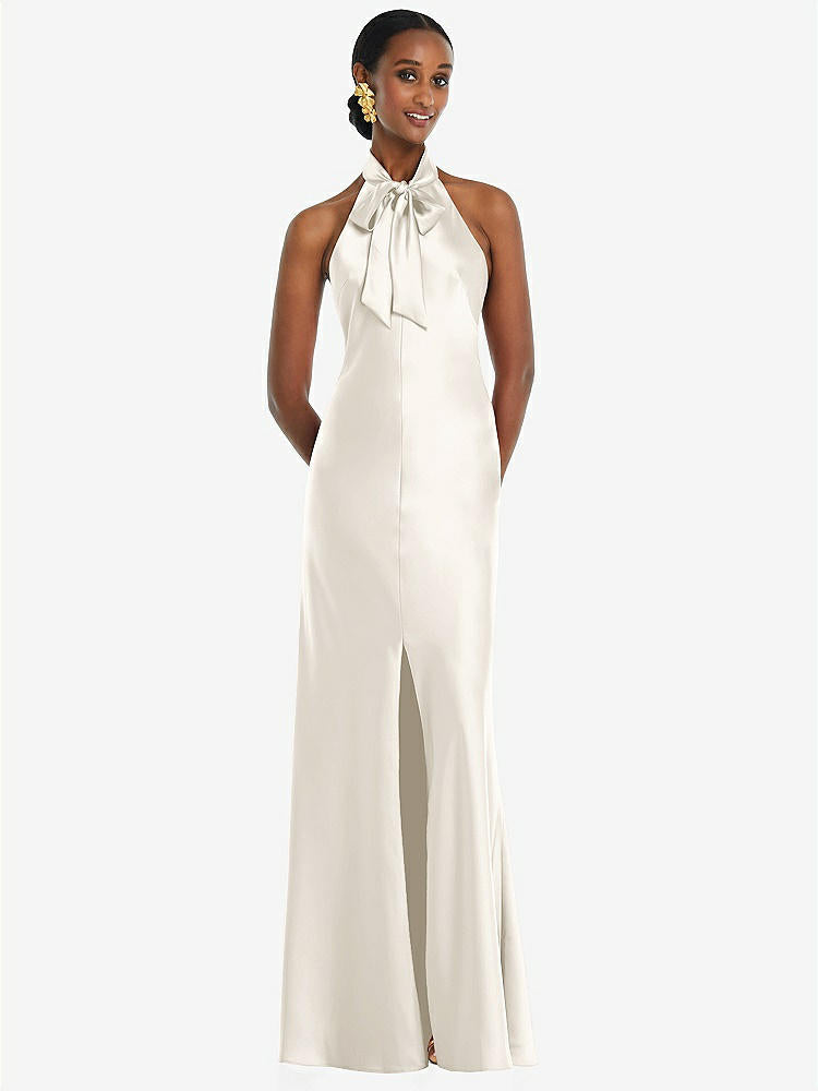 【STYLE: LB039】Scarf Tie Stand Collar Maxi Dress with Front Slit【COLOR: Ivory】