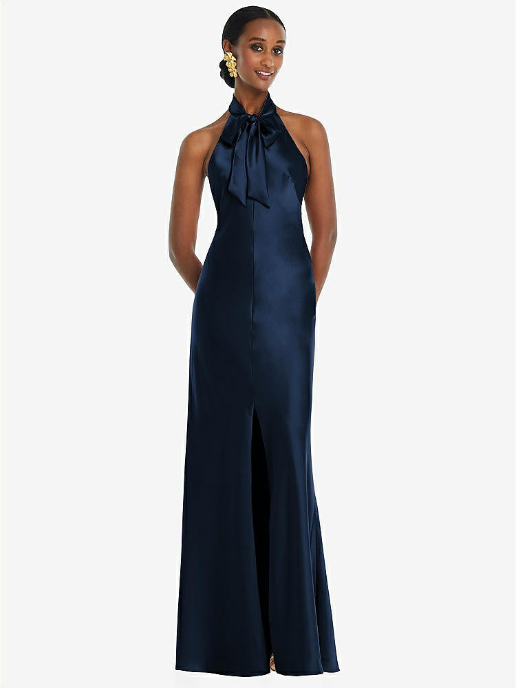 【NEW】【STYLE: LB039】スカーフ ネクタイ スタンド 襟 マキシ ドレス 前面 スリット【COLOR: Midnight Navy】【SIZE: 00-30W】