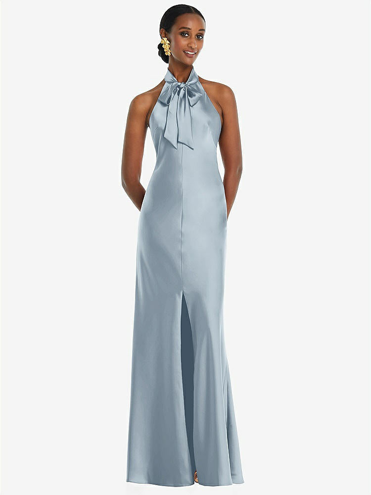 【STYLE: LB039】Scarf Tie Stand Collar Maxi Dress with Front Slit【COLOR: Mist】