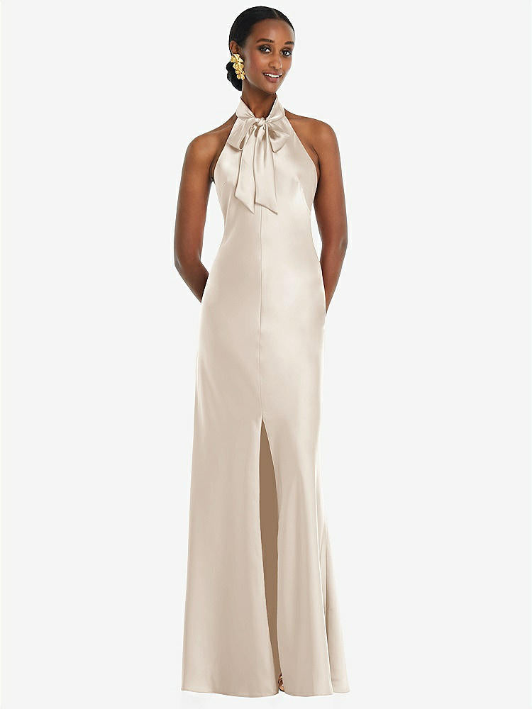 【STYLE: LB039】Scarf Tie Stand Collar Maxi Dress with Front Slit【COLOR: Oat】