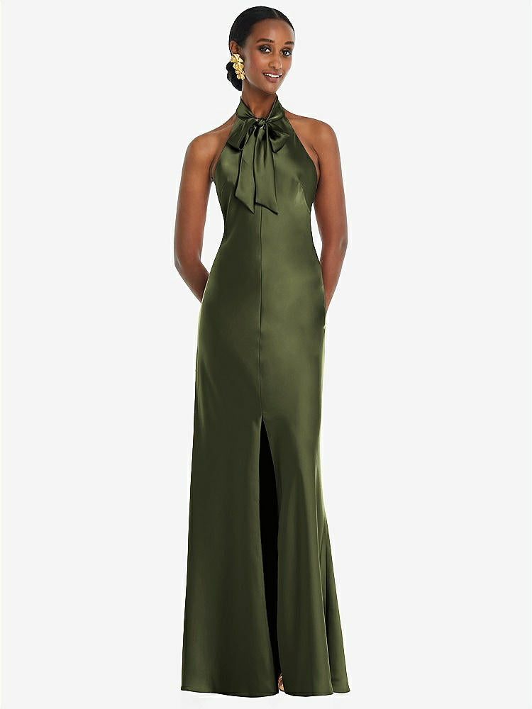 【STYLE: LB039】Scarf Tie Stand Collar Maxi Dress with Front Slit【COLOR: Olive Green】