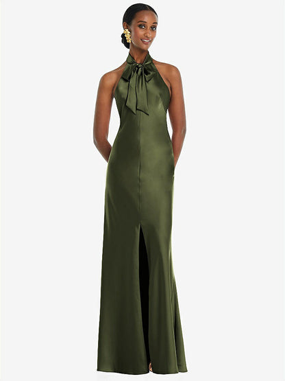 【STYLE: LB039】Scarf Tie Stand Collar Maxi Dress with Front Slit【COLOR: Olive Green】