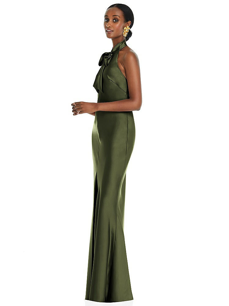 【STYLE: LB039】Scarf Tie Stand Collar Maxi Dress with Front Slit【COLOR: Olive Green】