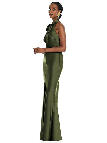 【STYLE: LB039】Scarf Tie Stand Collar Maxi Dress with Front Slit【COLOR: Olive Green】