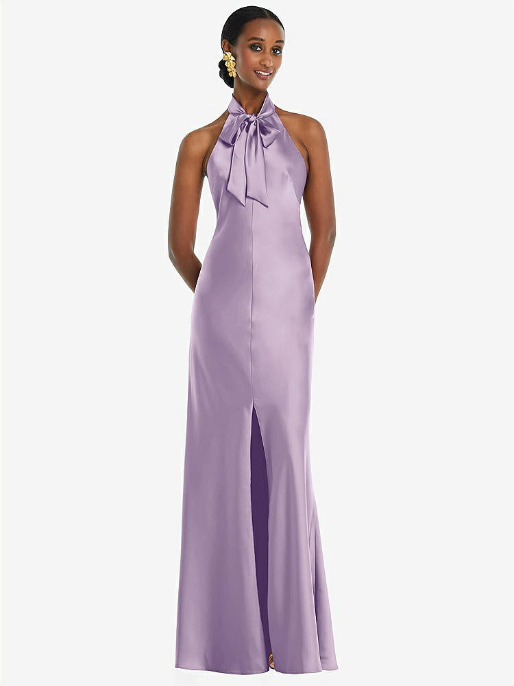 【STYLE: LB039】Scarf Tie Stand Collar Maxi Dress with Front Slit【COLOR: Pale Purple】