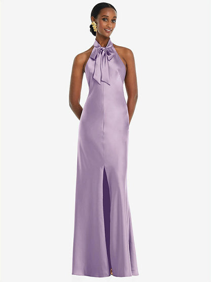 【NEW】【STYLE: LB039】スカーフ ネクタイ スタンド 襟 マキシ ドレス 前面 スリット【COLOR: Pale Purple】【SIZE: 00-30W】
