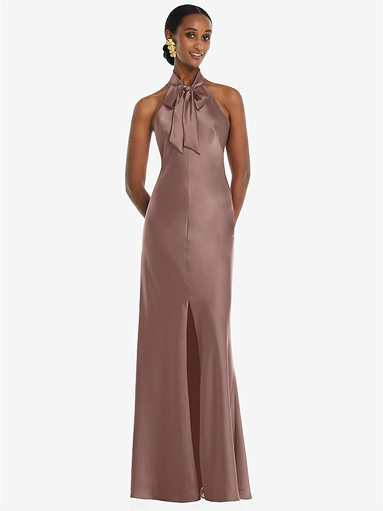 【STYLE: LB039】Scarf Tie Stand Collar Maxi Dress with Front Slit【COLOR: Sienna】