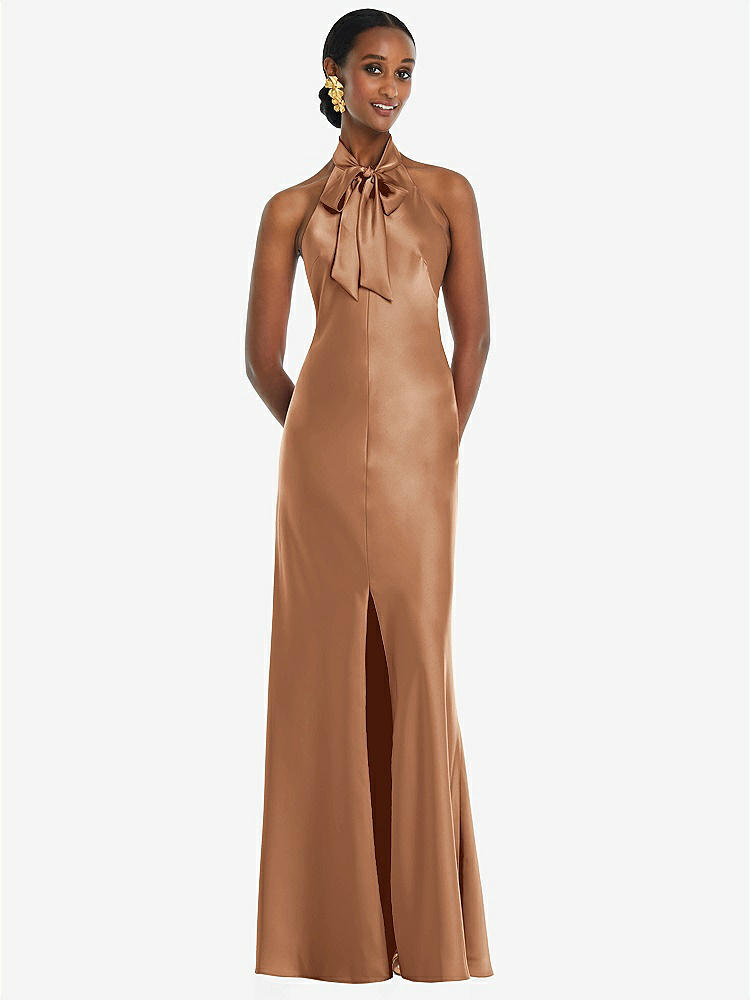 【STYLE: LB039】Scarf Tie Stand Collar Maxi Dress with Front Slit【COLOR: Toffee】
