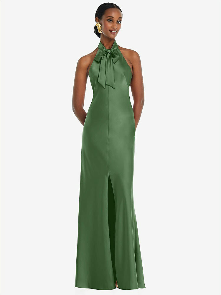 【STYLE: LB039】Scarf Tie Stand Collar Maxi Dress with Front Slit【COLOR: Vineyard Green】