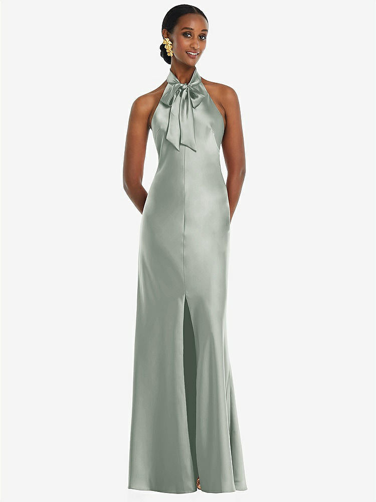 【STYLE: LB039】Scarf Tie Stand Collar Maxi Dress with Front Slit【COLOR: Willow Green】
