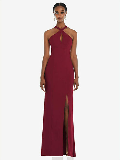 【NEW】【STYLE: 3093】クロス クロス ホルター プリンセス ライン トランペット ガウン【COLOR: Burgundy】【SIZE: 00-30W】
