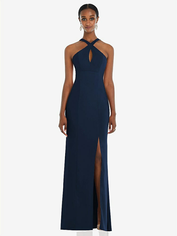 【STYLE: 3093】Criss Cross Halter Princess Line Trumpet Gown【COLOR: Midnight Navy】