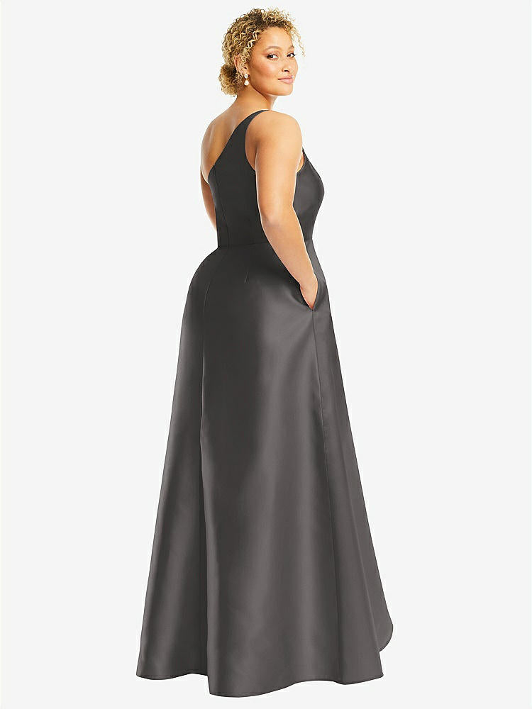 【STYLE: D831】One-Shoulder Satin Gown with Draped Front Slit and Pockets【COLOR: Caviar Gray】