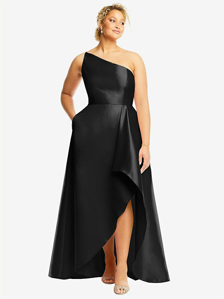 【STYLE: D831】One-Shoulder Satin Gown with Draped Front Slit and Pockets【COLOR: Black】