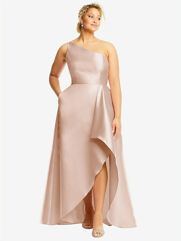 【STYLE: D831】One-Shoulder Satin Gown with Draped Front Slit and Pockets【COLOR: Cameo】