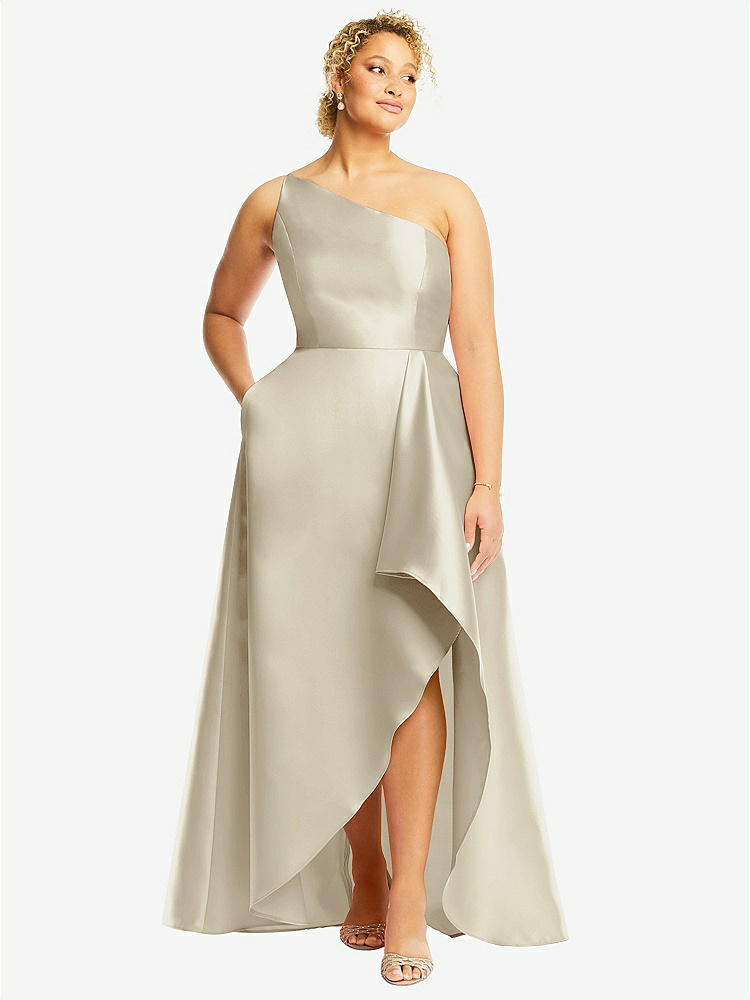 【STYLE: D831】One-Shoulder Satin Gown with Draped Front Slit and Pockets【COLOR: Champagne】