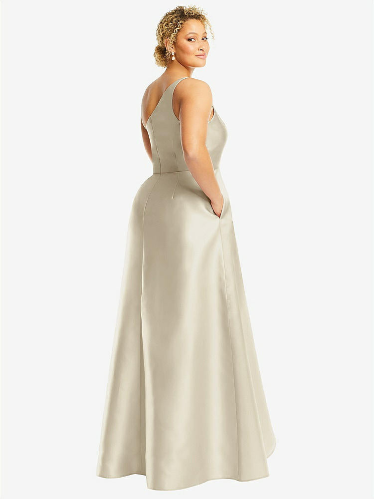 【STYLE: D831】One-Shoulder Satin Gown with Draped Front Slit and Pockets【COLOR: Champagne】