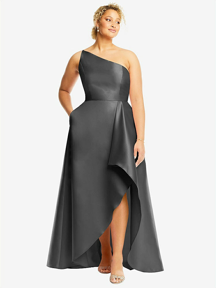 【STYLE: D831】One-Shoulder Satin Gown with Draped Front Slit and Pockets【COLOR: Gunmetal】