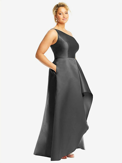 【STYLE: D831】One-Shoulder Satin Gown with Draped Front Slit and Pockets【COLOR: Gunmetal】