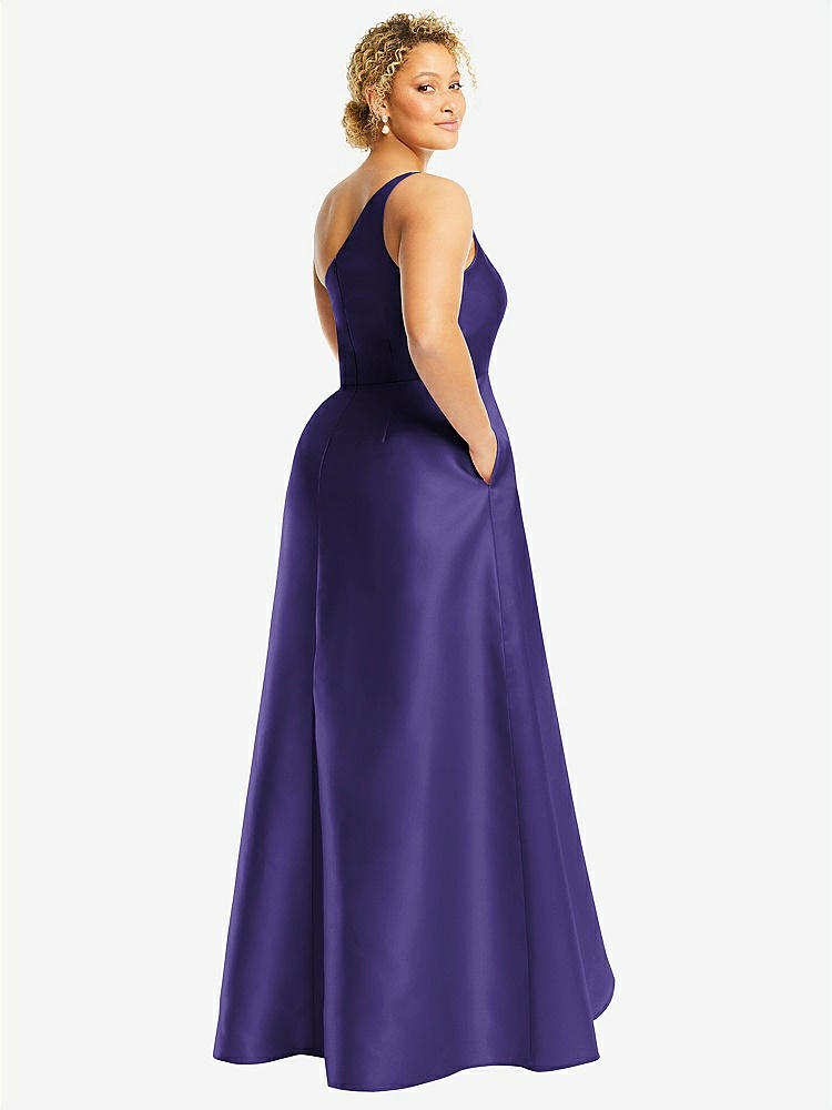【STYLE: D831】One-Shoulder Satin Gown with Draped Front Slit and Pockets【COLOR: Grape】